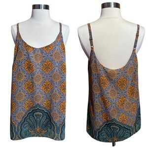 CAbi Arabesque Floral Botanical Gray Orange Colorful Flowy Lined Chiffon Blouse